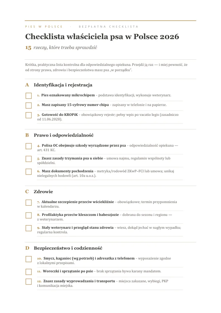 Podgląd checklisty właściciela psa w Polsce 2026