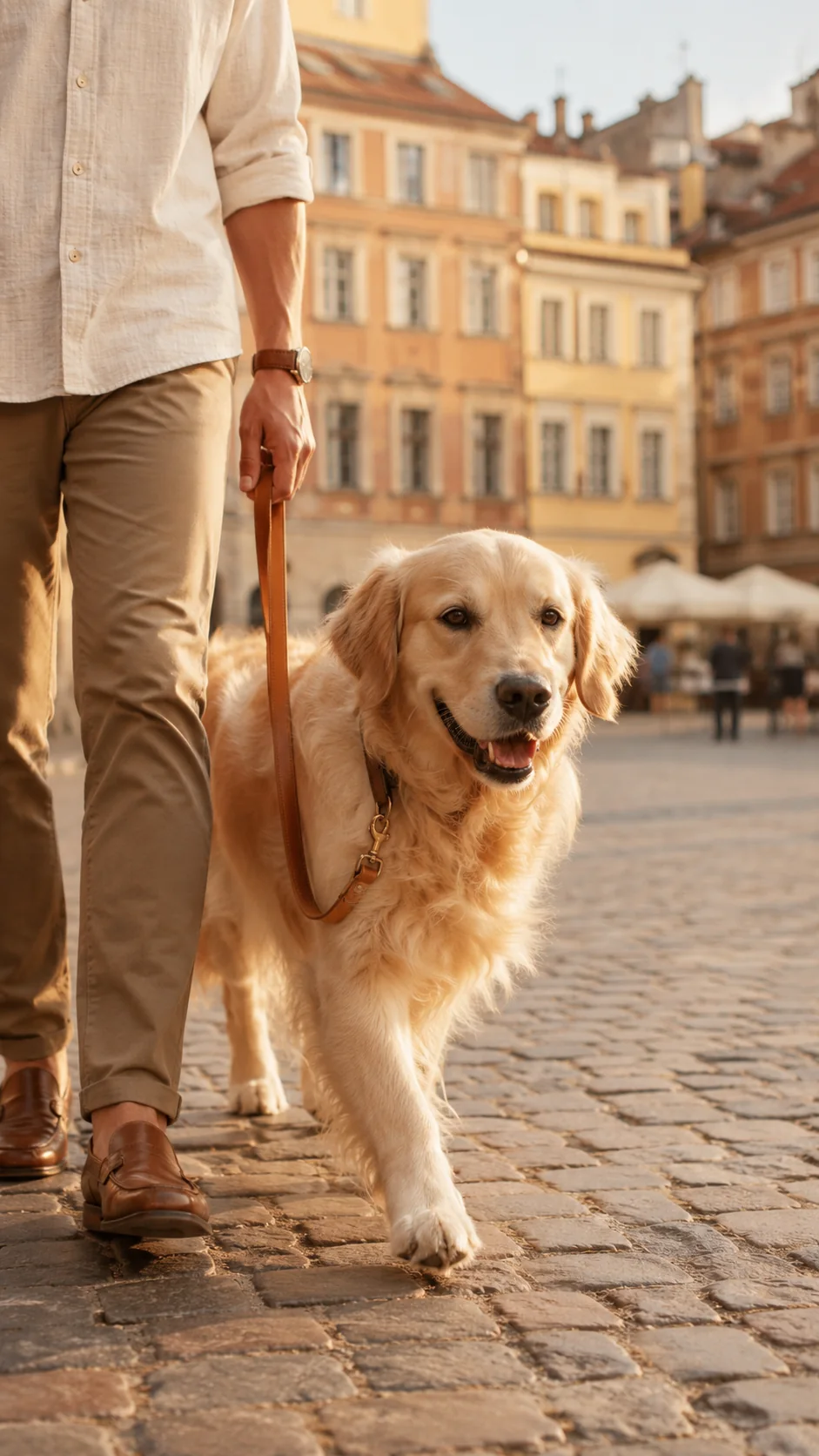 Golden retriever na spacerze po polskim mieście