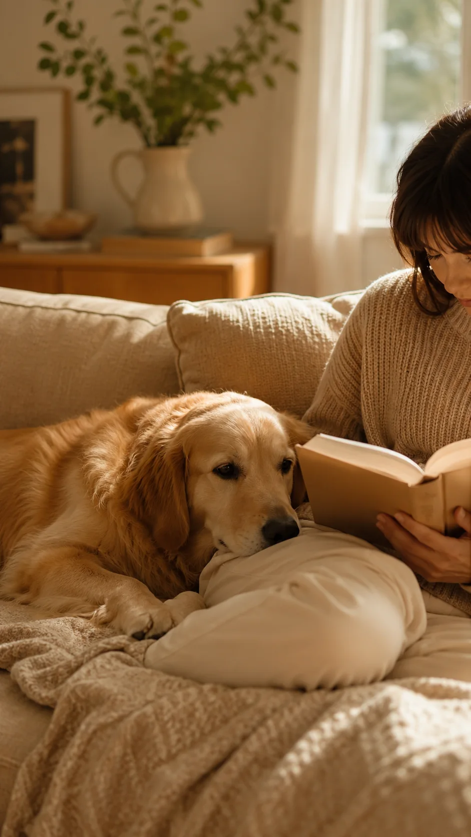 Golden retriever odpoczywający z opiekunką czytającą książkę